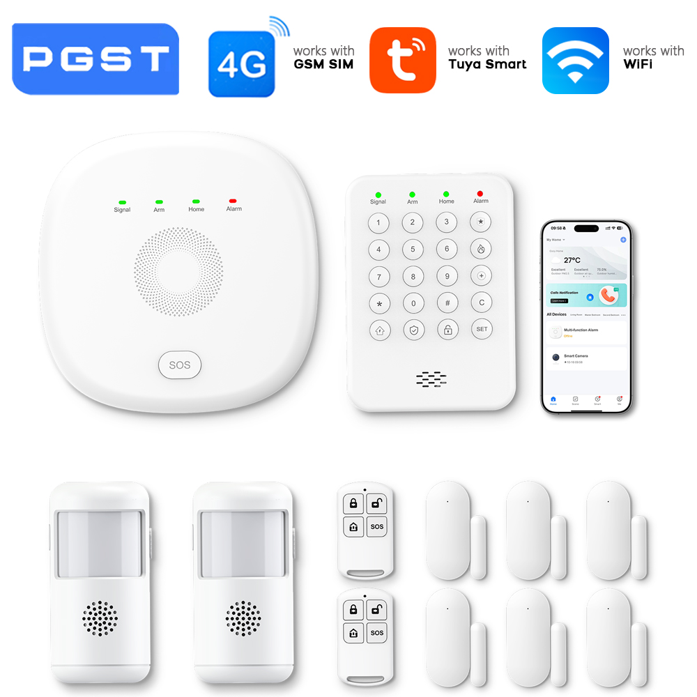 Smart Home Demo Kit - PGST ระบบเตือนภัยไร้สายอินเตอร์เน็ตไร้สายชุดรักษาความปลอดภัยบ้านอัจฉริยะเซ็นเซอร์ประตูเซ็นเซอร์ตรวจจับความเคลื่อนไหว SOS ปุ่มกดควบคุมแอพสำหรับอพาร์ทเมนท์