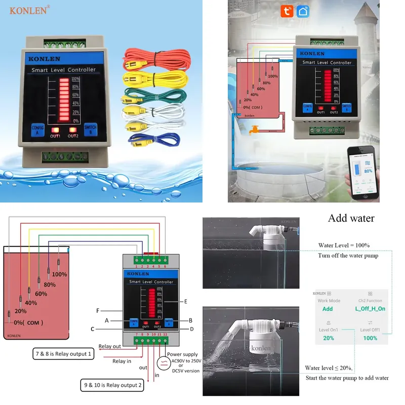Wifi Water Sensor - เซ็นเซอร์วัดระดับน้ำ KONLEN แบบ WIFI ตัวควบคุมระดับน้ำในถังน้ำ ระบบควบคุมวาล์วปั๊มน้ำบาดาลอัตโนมัติ