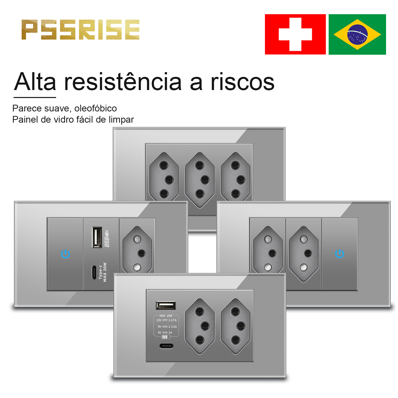 Tuya Wifi Socket - PSSRISE ปลั๊กไฟติดผนังแบบเต็มแผง สีเทา กระจกใส รองรับ USB