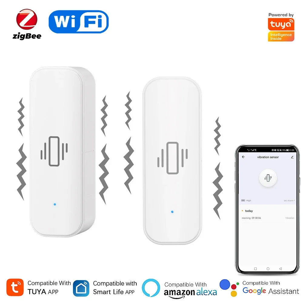 Smart Home Notifications - Tuya เซ็นเซอร์ตรวจจับการสั่นสะเทือนอัจฉริยะ, WiFi/Zigbee ป้องกันความปลอดภัยในบ้านแอป Smartlife การแจ้งเตือนหน้าจอระยะไกลแบบเรียลไทม์